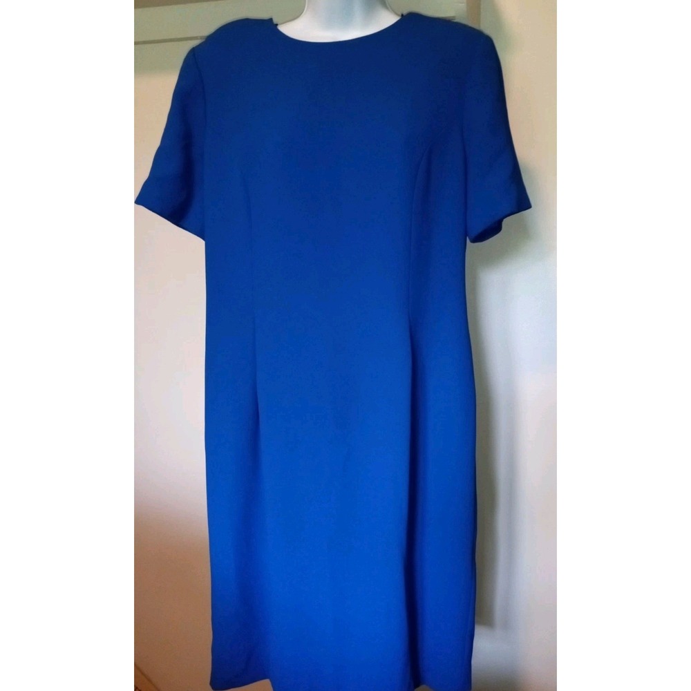 Royal Blue Short Sleeve‎ Sheath Dress Tailored Crepe Jewel Neck Workwear Midi